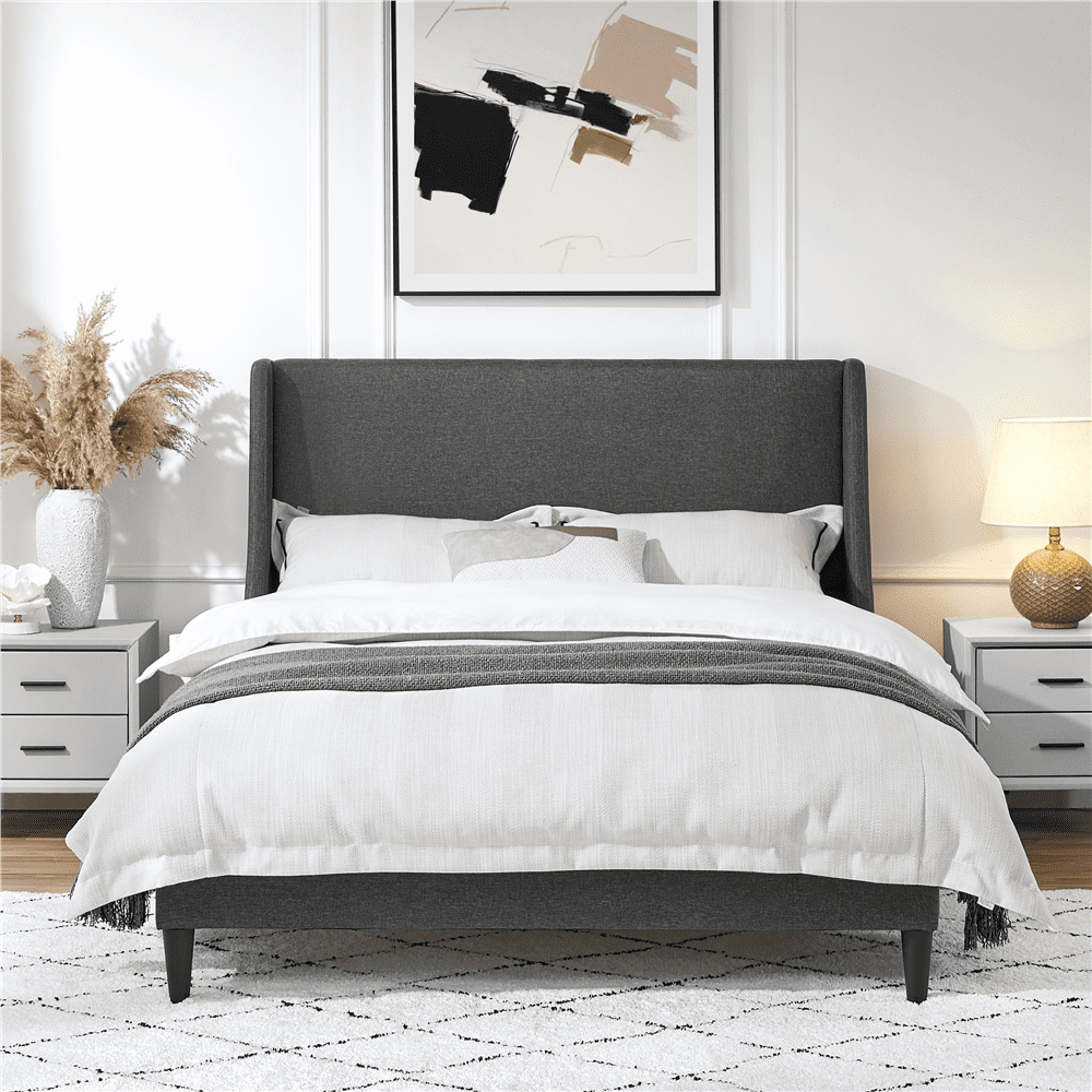 Easyfashion Upholstered Platform Bed Frame with Wingback Headboard, Dark Gray, Full