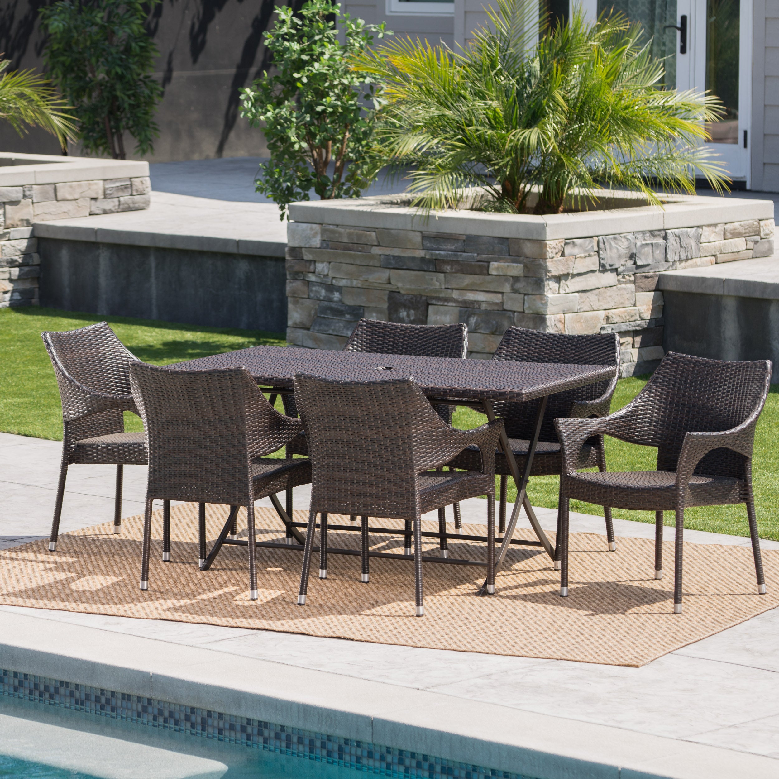 Doris Outdoor 7 Piece Multi-brown Wicker Dining Set