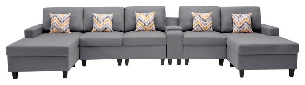 Nolan Fabric Double Chaise Sectional Charging Port Console 2 Type Leg   Contemporary   Sectional Sofas   by Lilola Home  Houzz