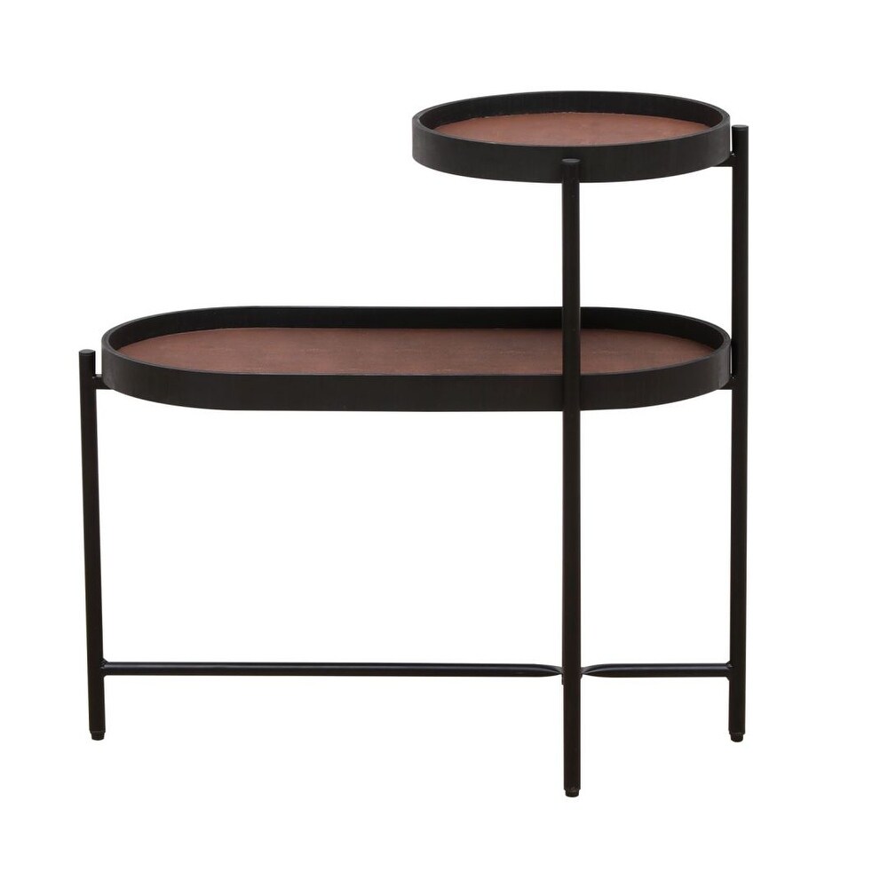 Modern 2 Layer Side Table Brown Tray Top Metal Frame Living Room Cafe