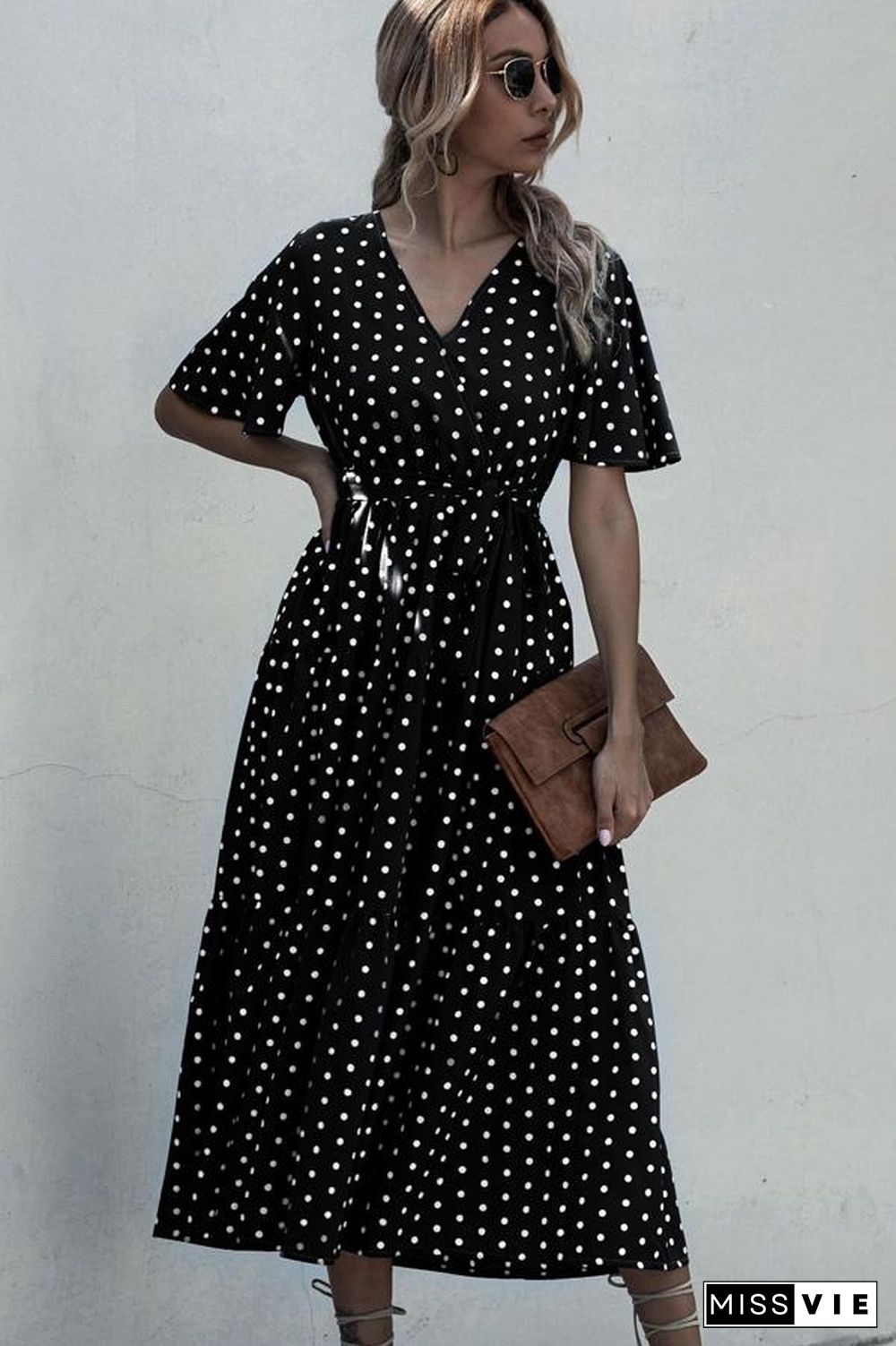 Short Sleeve Dots Print V Neck Maxi Dress