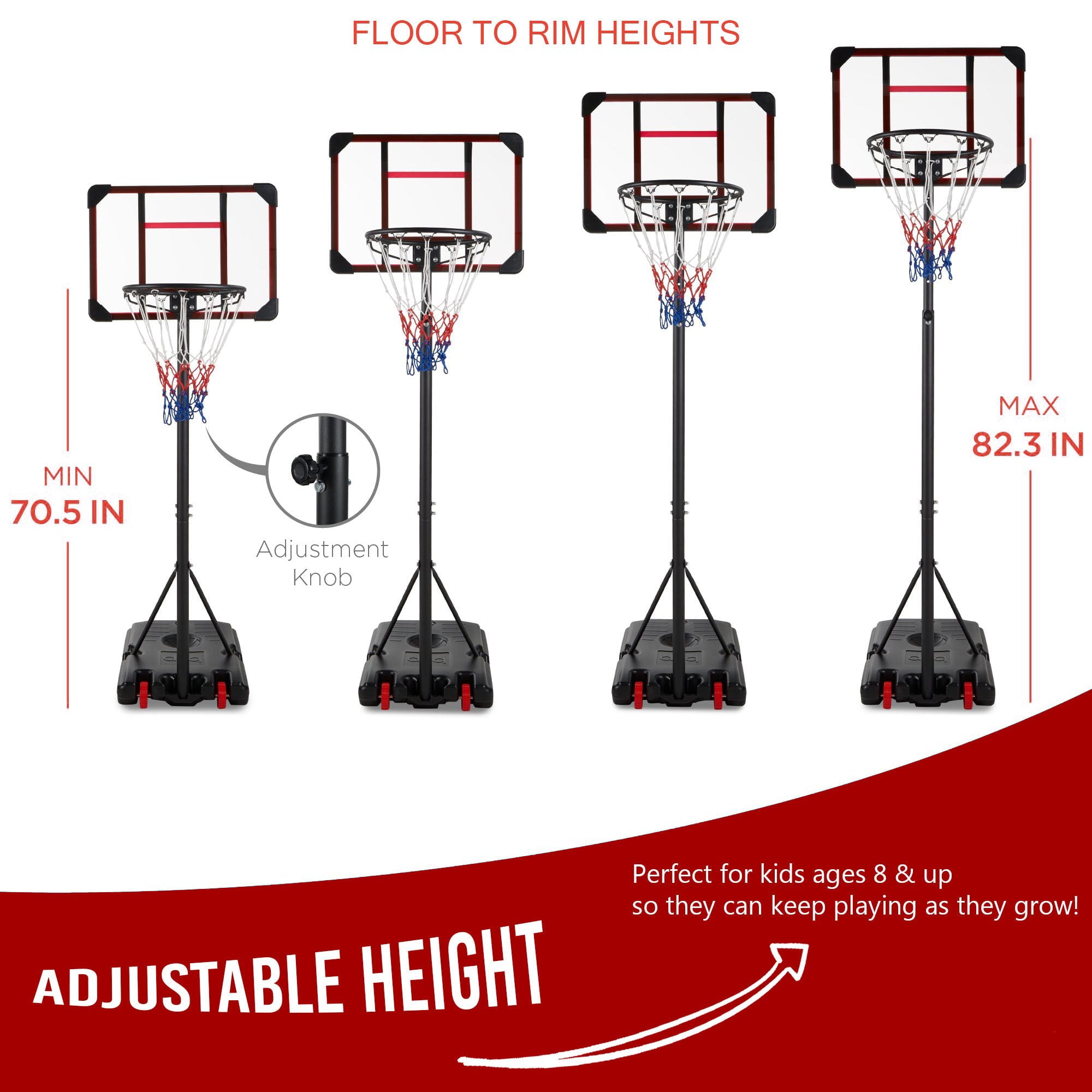 Amazingforless Version 2 Basketball Hoop For Kids with Clear Backboard - Portable / Height Adjustable (6.5ft - 8ft) Sports Backboard System Stand w/ Wheels Backyard Toy