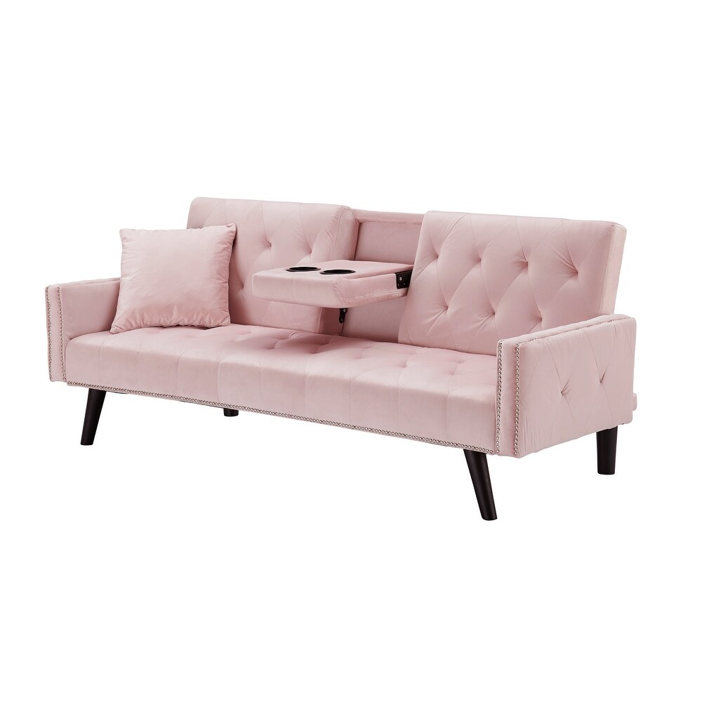 Modern Tufted Back Sofa Velvet Sleeper Sofa Bed Livingroom Adjustable Back Sofa Bed with Nail Head Trim   2 Cup Holders