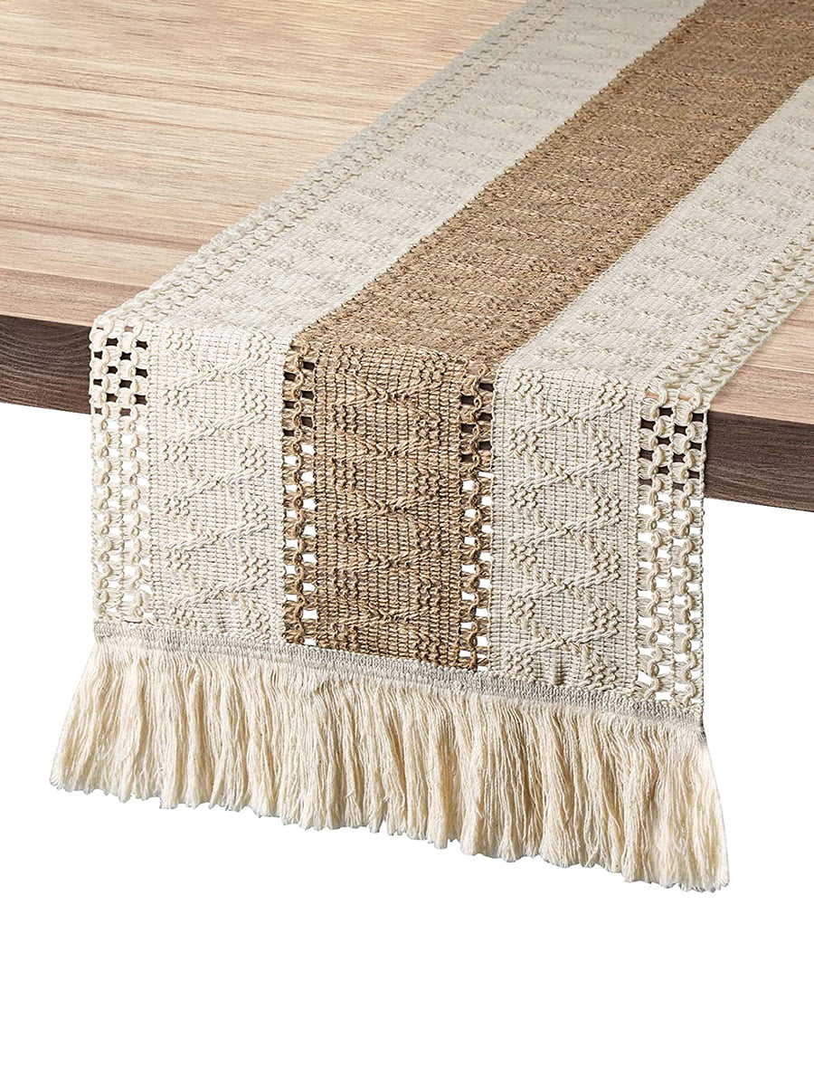 SEARIPE Macrame Table Runners with Tassels， Cotton Linen Boho Table Runner for Wedding Bridal Shower Kitchen Dining Home Decor 12x63