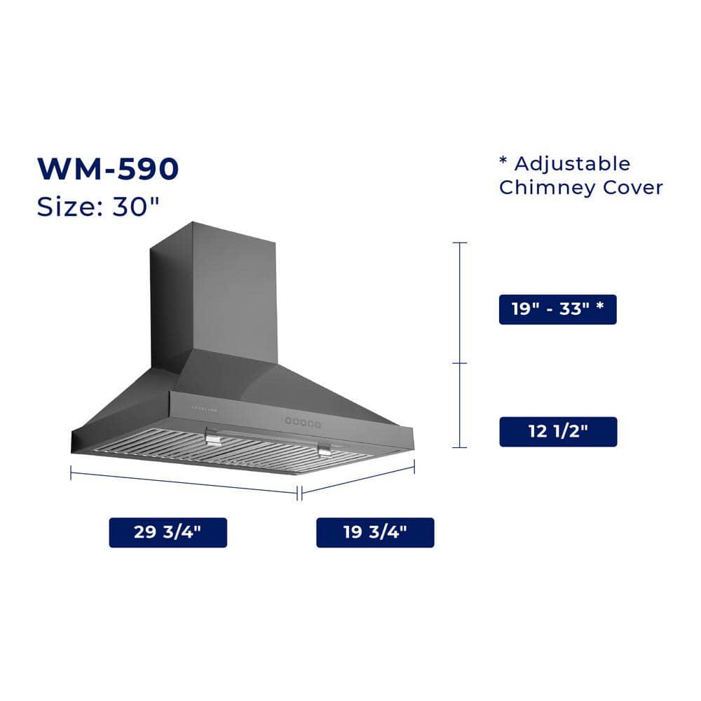 HAUSLANE 30 in Convertible Wall Mount Range Hood with Changeable LED Baffle Filters in Black Stainless Steel