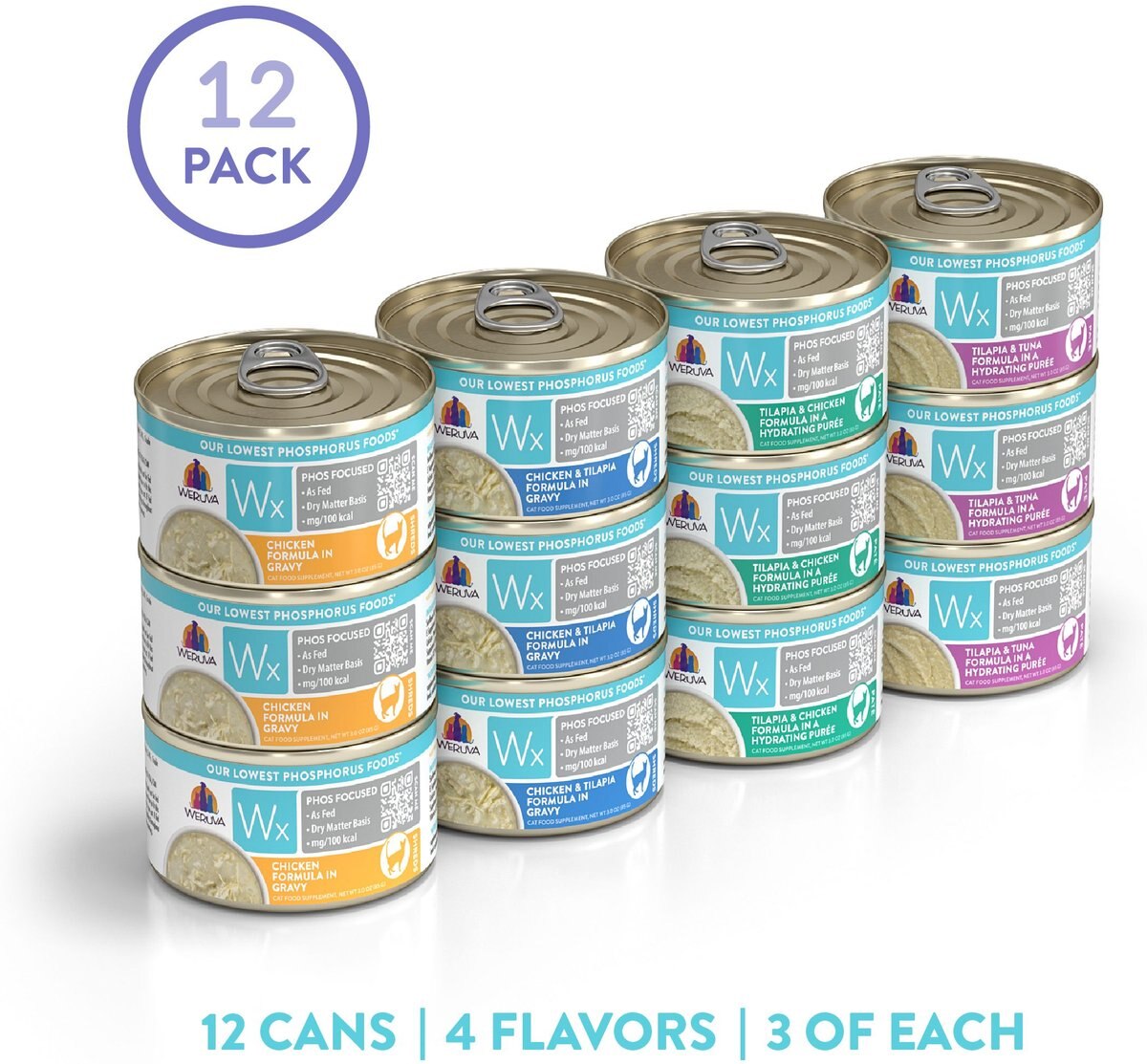 Weruva Wx Phos Focused Pate and Gravy Variety Pack Grain-Free Wet Cat Food， 3-oz can， case of 12