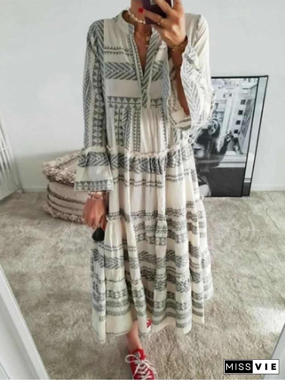 Women's Swing Dress Maxi long Dress 3/4 Length Sleeve Geometric Print Spring Summer Boho Flare Cuff Sleeve Blushing Pink Gray S M L XL XXL 3XL