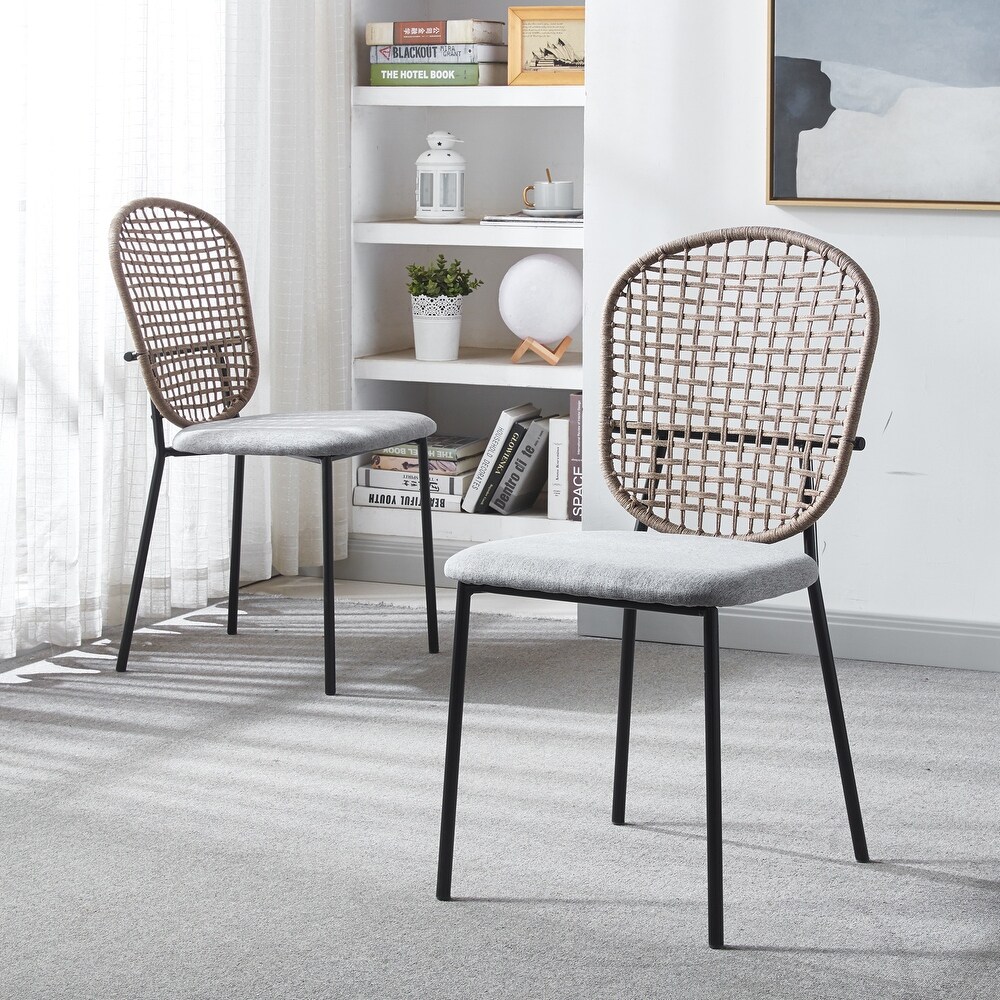 Velvet Upholstered Metal Frame Armless Rattan Dining Chair Set of 4