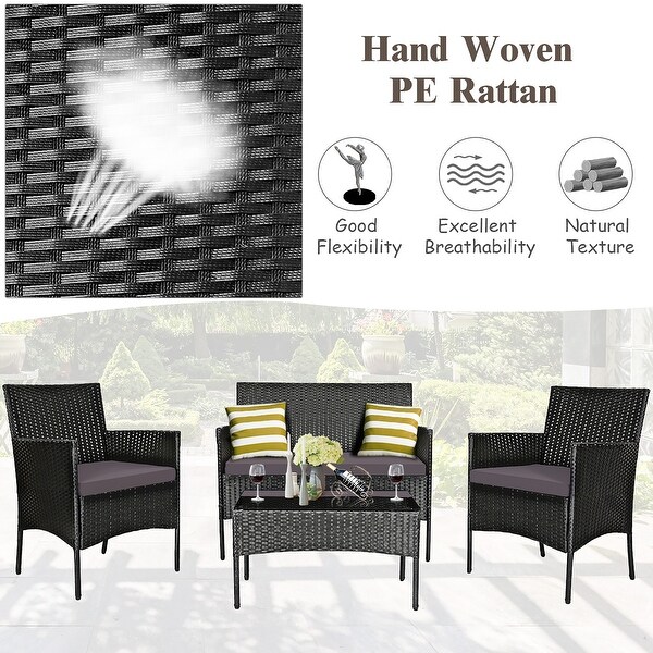 Gymax 4PCS Outdoor Furniture Set Patio Rattan Conversation Set w/ Grey