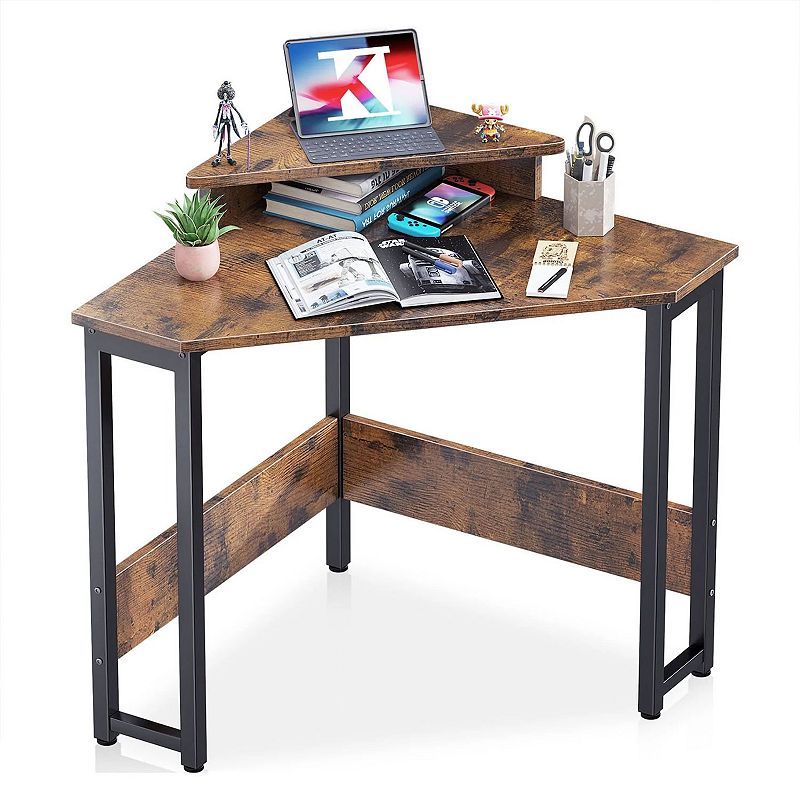 ODK Modern Triangle Corner Computer Writing Desk w/ Monitor Stand， Rustic Brown