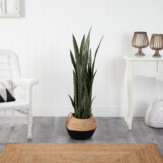 Nearly Natural 46-in Sansevieria Artificial Plant In Boho Chic Handmade Cotton and Jute White Woven Planter