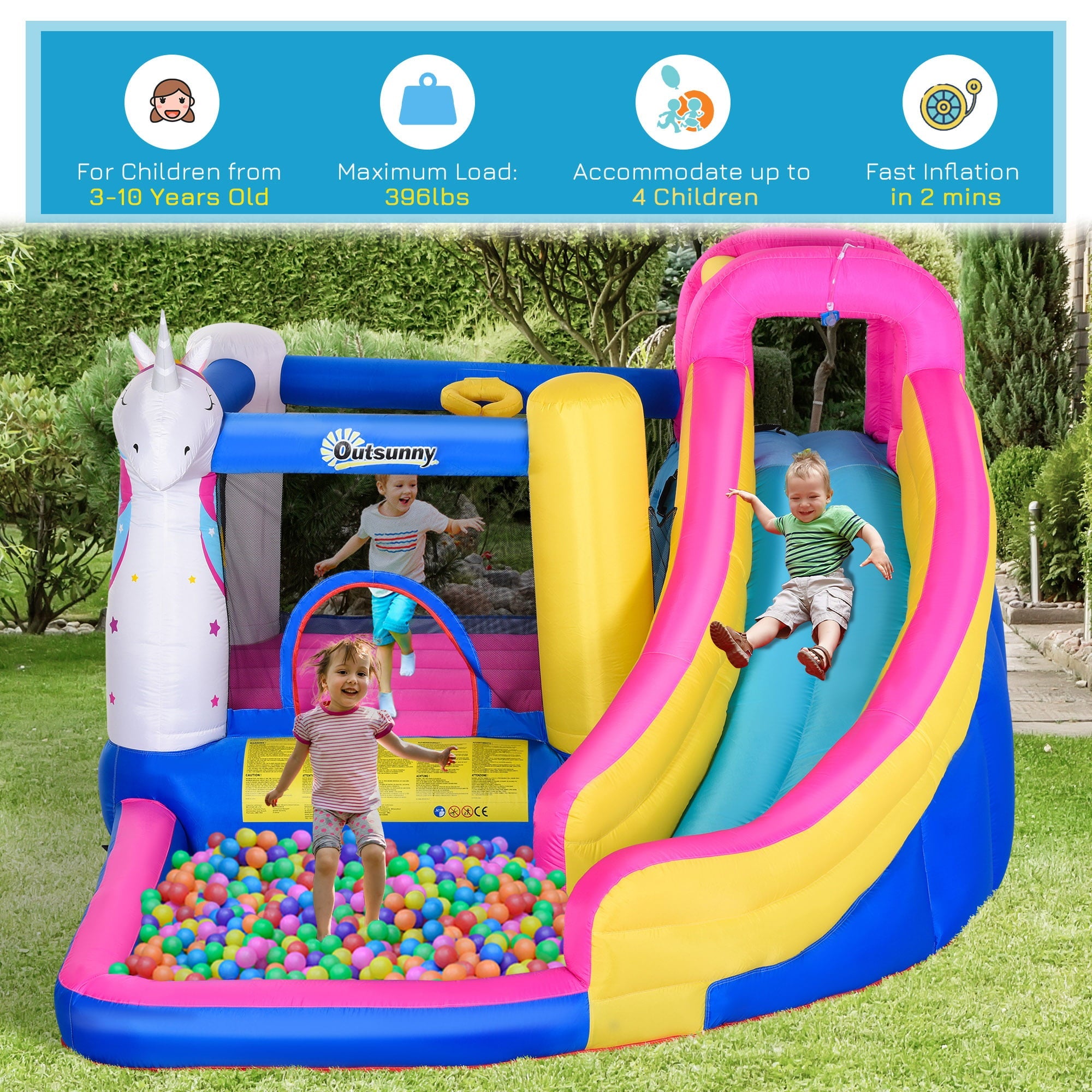 Outsunny Inflatable Water Slide 5 in 1 Bounce House Castle with Air Blower for 3-10 Years