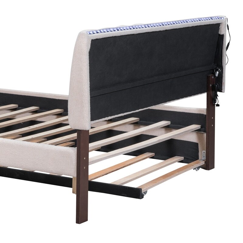 Teddy Fleece Full/Queen Size Upholstered Platform Bed with Trundle  Smart LED Bed Frame with Headboard and Wooden Slats Support