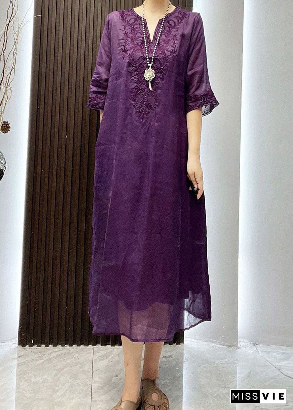 Classy Purple Embroideried Patchwork Linen Dress Two Pieces Set Summer