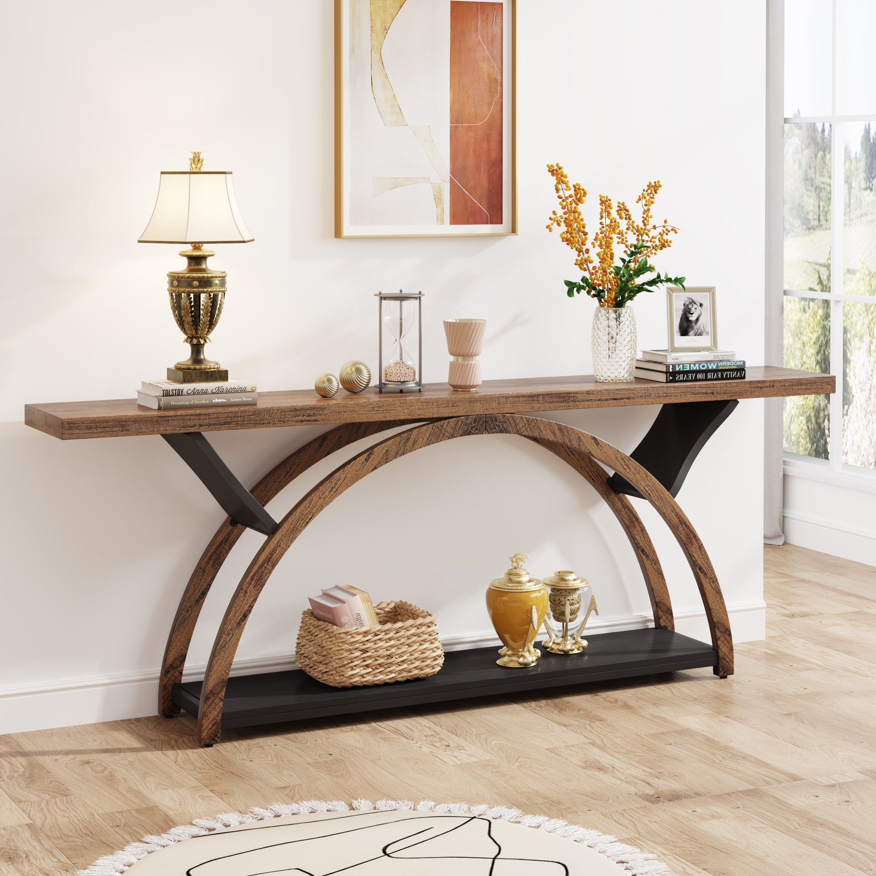 2-Tier Console Table, 70.9 Entryway Table with Half Moon Frame