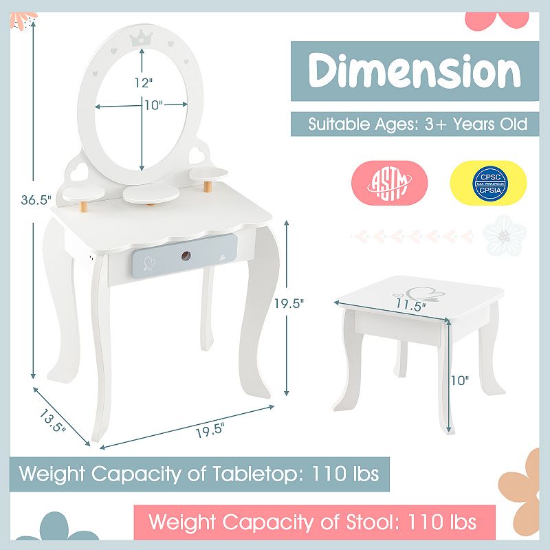 Kids 2-in-1 Princess Makeup Table And Chair Set With Removable Mirror-white