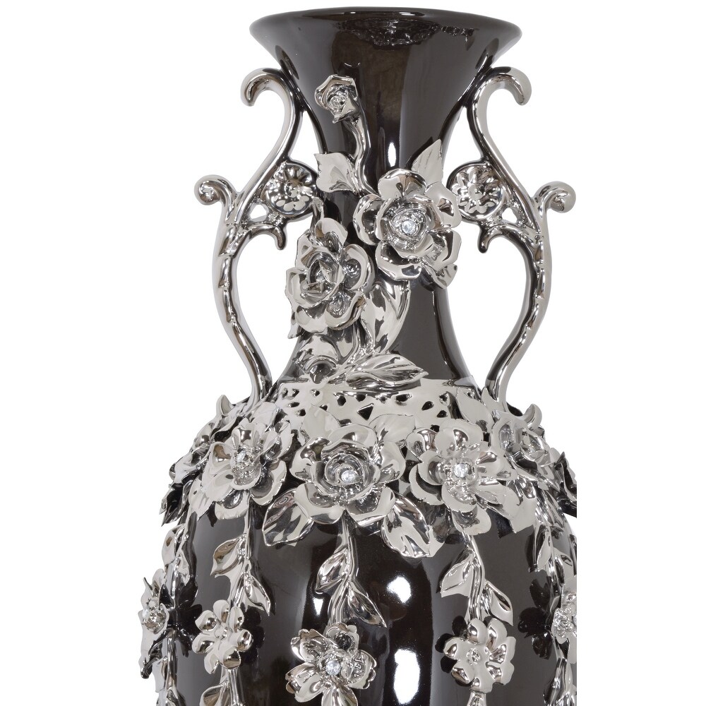 Black and Silver Floret Jeweled Stunning Vase 35 Inches Tall