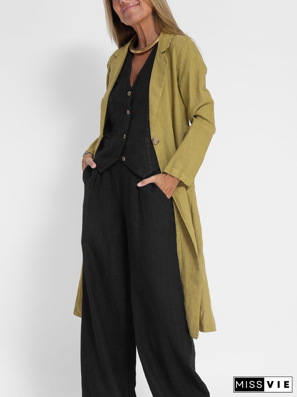 Cotton Lapel Neck and Pocket Long Jacket