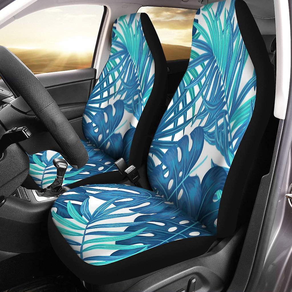 Set Of 2 Car Seat Covers Blue Summer Hawaiian Exotic Tropical Plants Palm Tree Monstera Universal Auto Front Seats Protector Fits