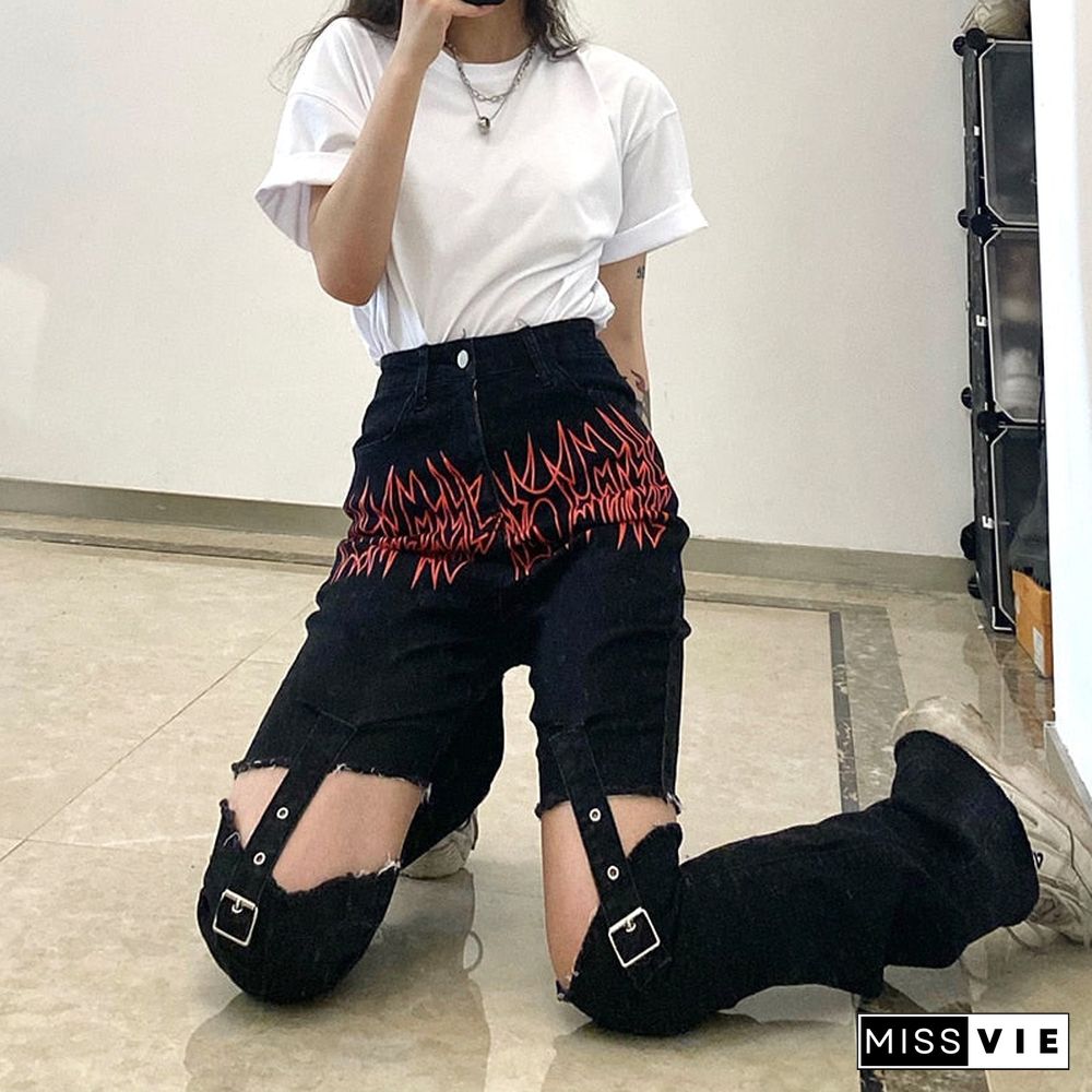 Weekeep Gothic Print Cut Out Blcak Jeans Women High Waist Denim Long Pants Summer Vintage 90S Harajuku Streetwear Punk Trousers