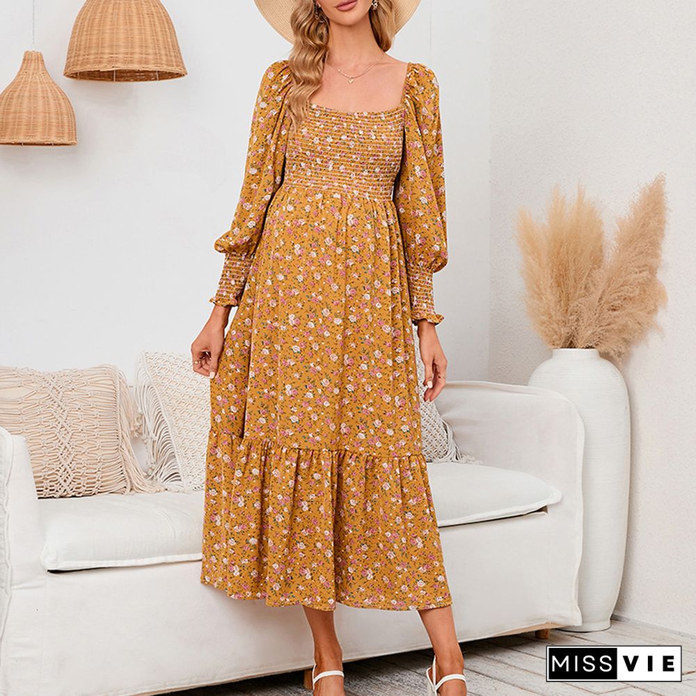 Elegant Floral Print Dresses Women Summer Dresses New Folds Loose High Waist Full Flare Sleeve Ruffled A-line Dress