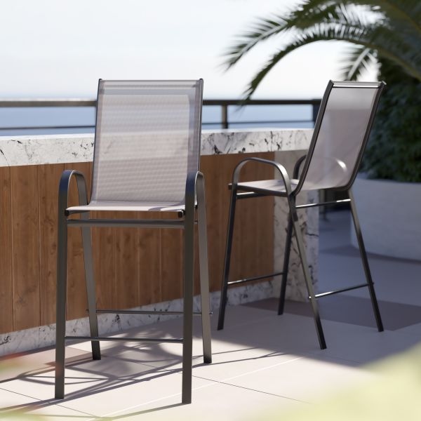 2 Pack Brazos Series Gray Outdoor Barstools with Flex Comfort Material and Metal Frame