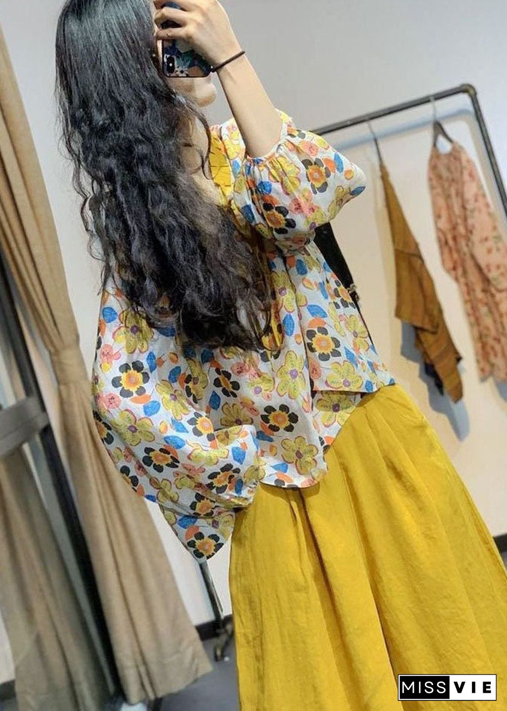 Bohemian Yellow V Neck Print Lace Up Linen Shirt Tops Spring