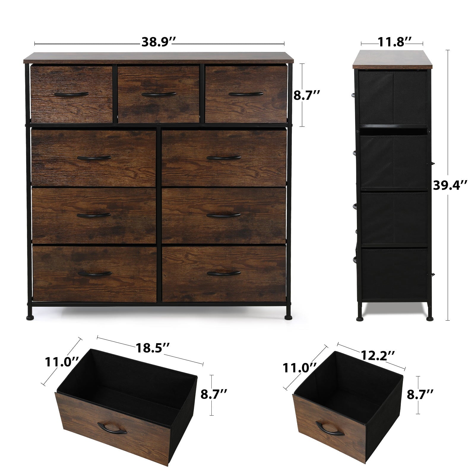 AVAWING Drawer Dresser, Closet Storage Dresser with 9 Wooden Panel Drawers, Industrial Wide Drawers with Metal Frame, Wooden Top and Front for Bedroom, Hallway, Entryway (Rustic Brown and Black)