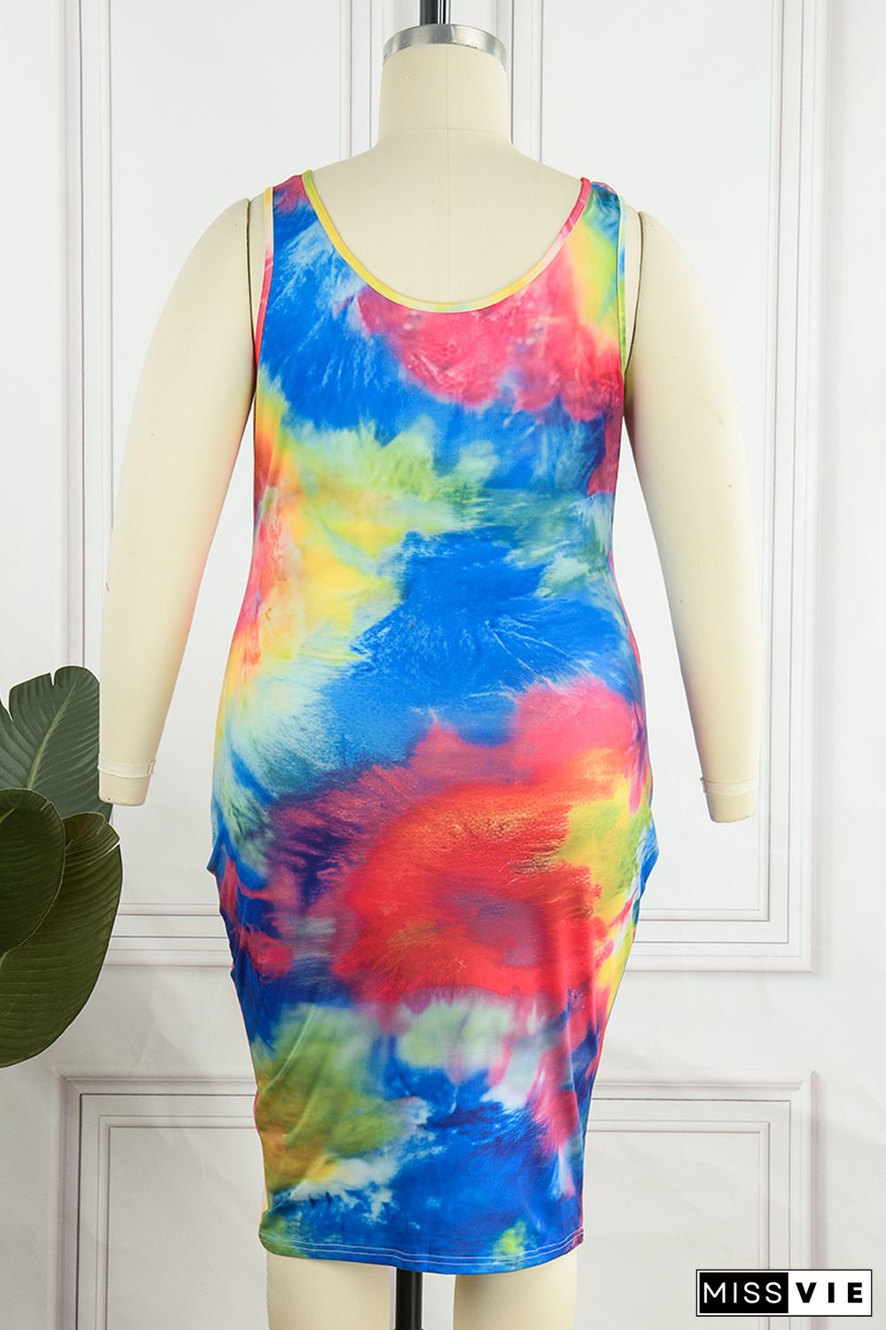 Yellow Sexy Casual Print Tie-dye U Neck Vest Dress Plus Size Dresses