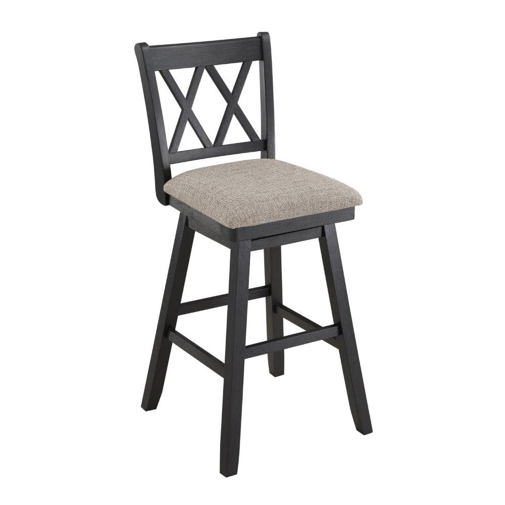 Jasmine 29 Inch Handcrafted Rustic 360 Degree Swivel Barstool Chair， Crossed Black Wood Frame， Gray