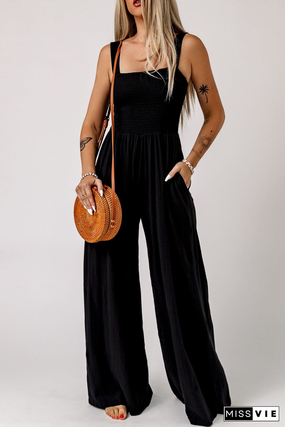 Black Smocked Sleeveless Wide Leg Jumpsuit with Pockets