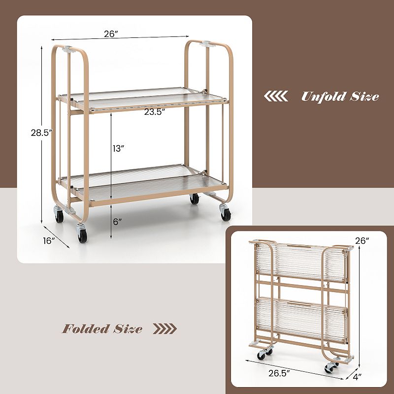 2-Tier Mobile Serving Cart with Tempered Glass Shelf-Golden