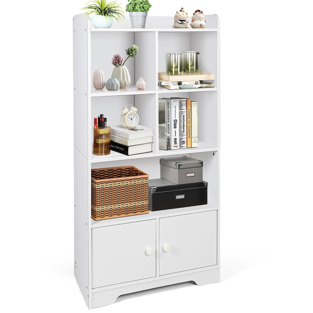 Costway 4 Tier Bookshelf 2 Door Storage Cabinet w/4 Cubes Display   See Details