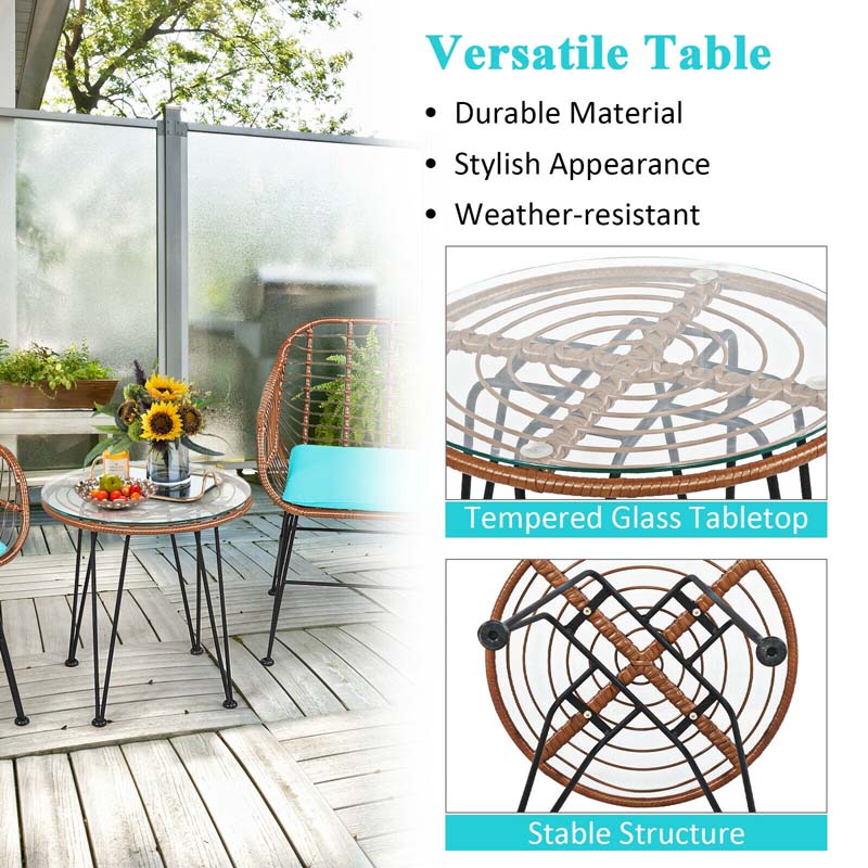 3 Pcs Patio Conversation Bistro Set Outdoor Rattan Furniture Set with Round Table & 2 Rattan Cushioned Armchairs