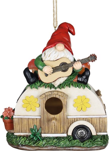 Exhart Solar Guitar Gnome on a Camper Hanging Bird House