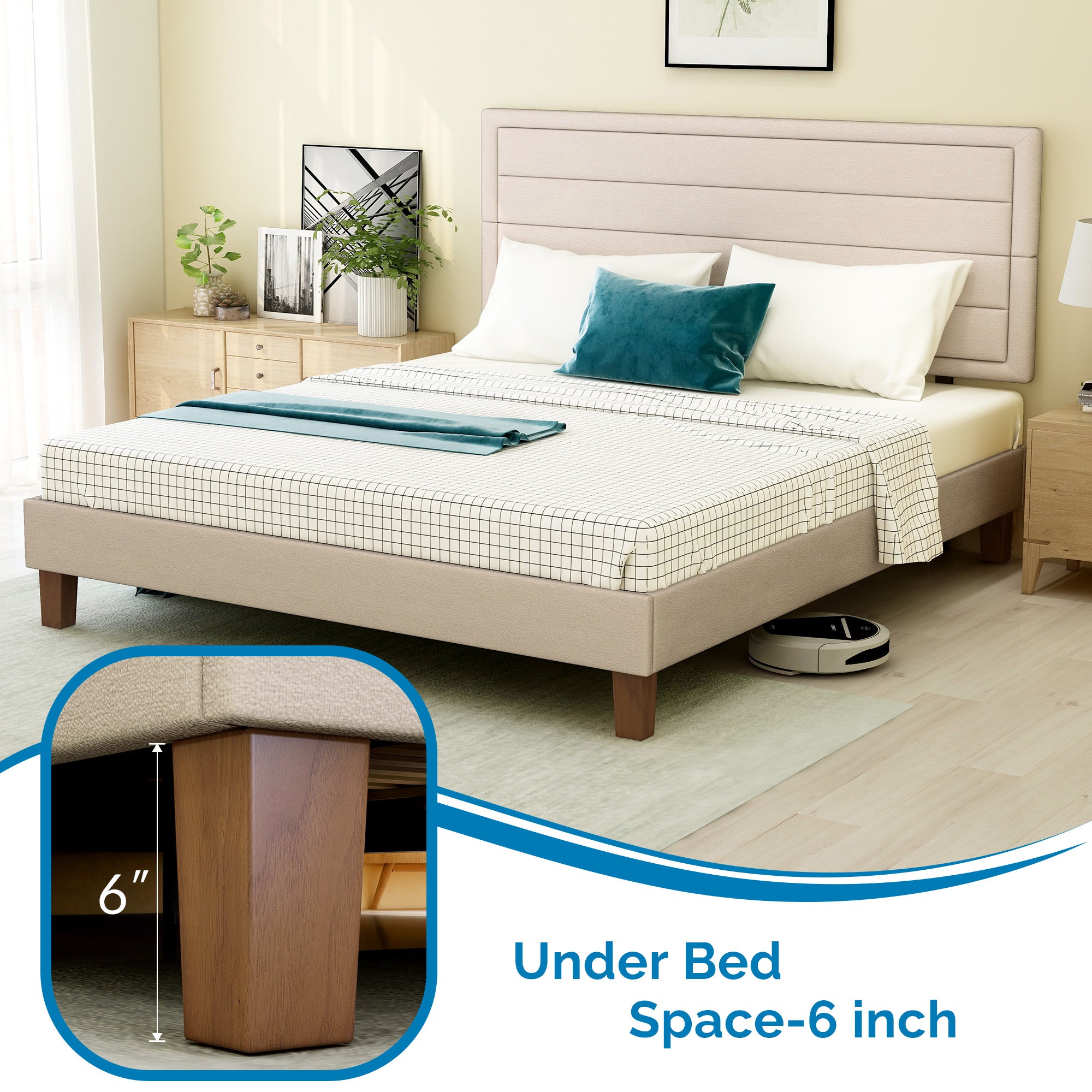 King Size Upholstered Platform Bed Frame, Wooden Platform Bed No Box Spring Needed, Noise-Free Bed Foundation, Beige