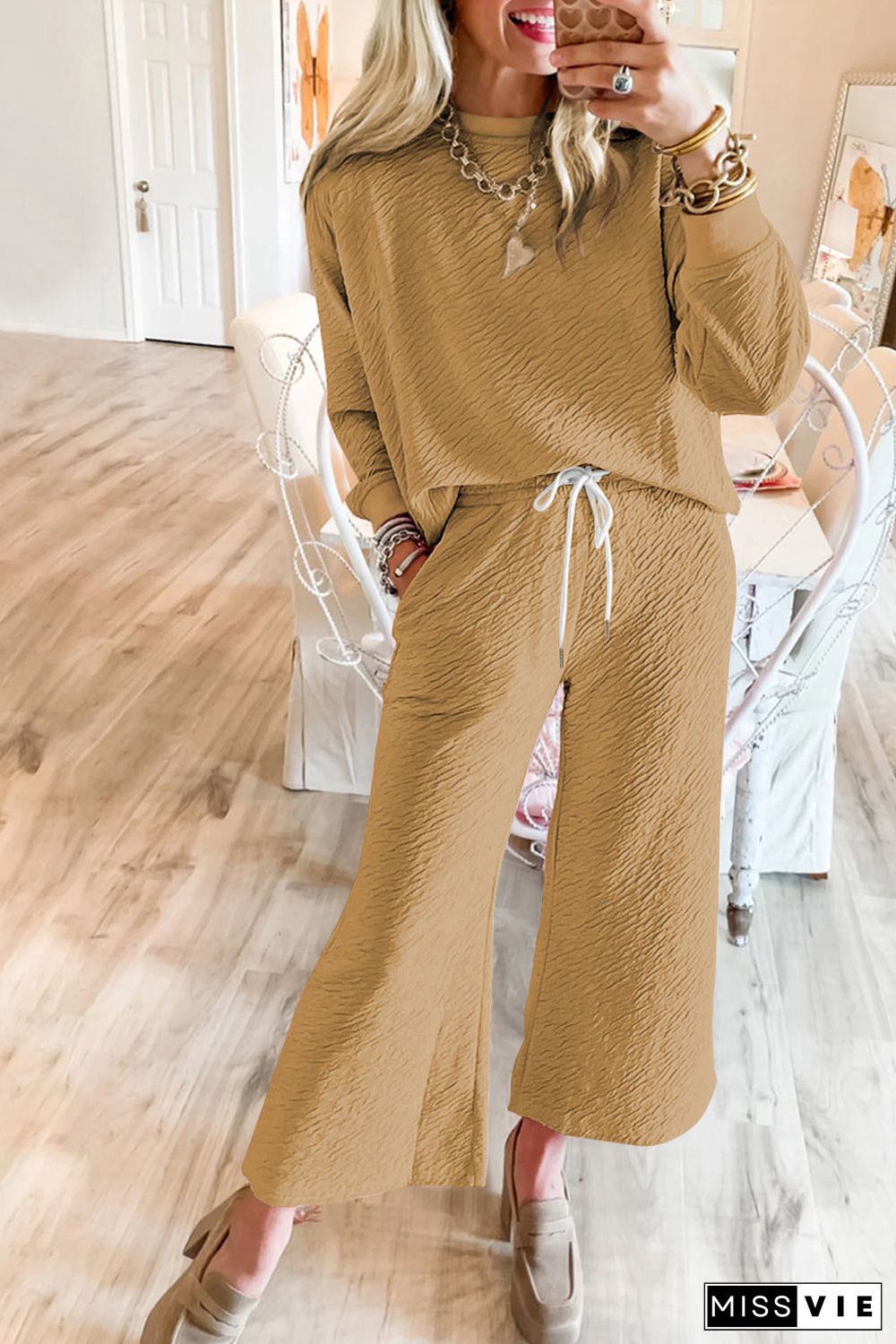 Light French Beige Textured Long Sleeve Top Drawstring Pants Set