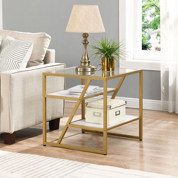 3-Tier Storage Side Table Modern Square End Table with Metal Frame Sofa Table for Couch， Bedroom， Living Room，Office