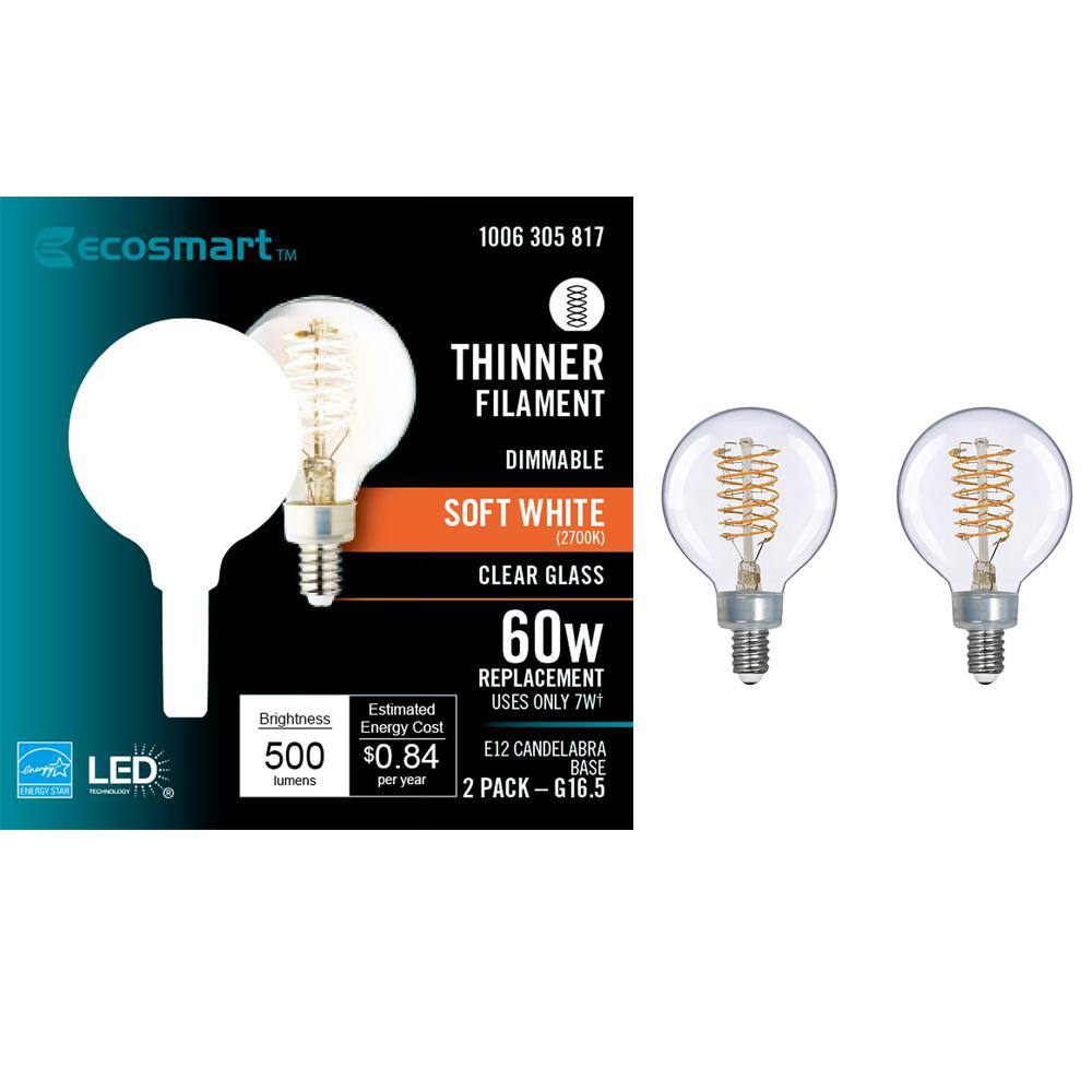 EcoSmart 60-Watt Equivalent G16.5 Dimmable Fine Bendy Filament LED Vintage Edison Light Bulb Soft White (2-Pack) G16.5C7E12827S