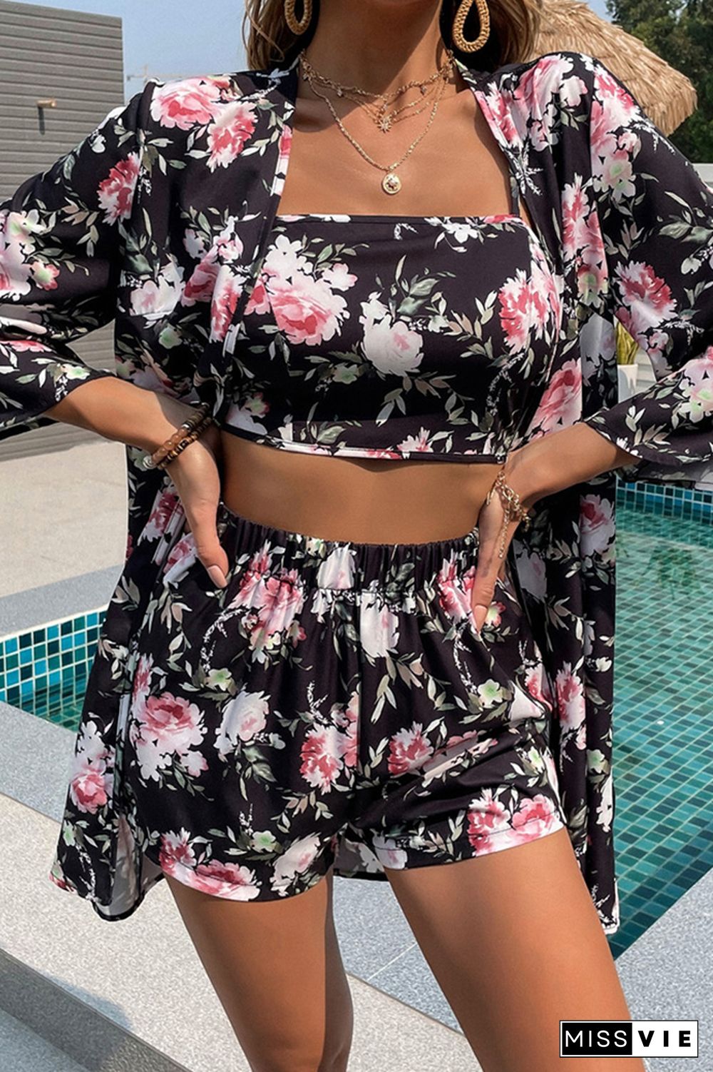 Floral Print Crop Top and Shorts and Cover Up 3pcs Set