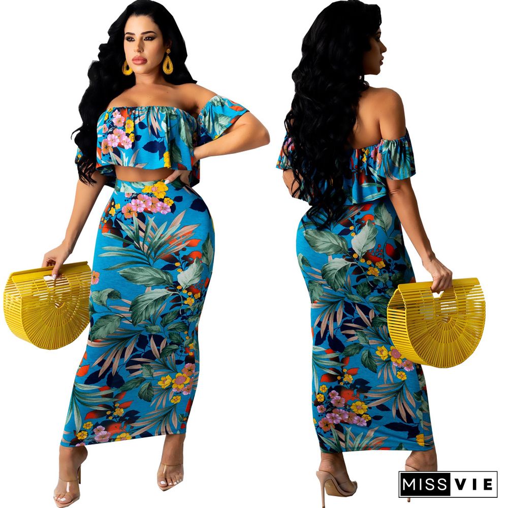 Women Floral Print Boho Off Shoulder Short Sleeve Crop Tops Maxi Skirt Summer Beach Two Piece Set