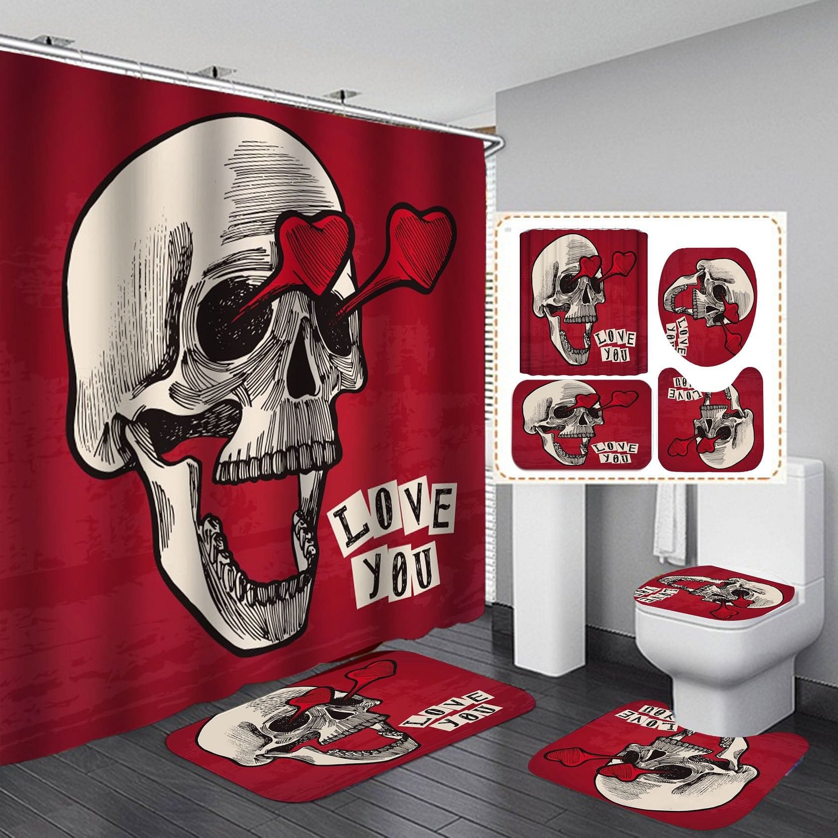 Skull Print Shower Curtain, Bath Mat, Toilet Lid Cover Or Bathroom Carpet