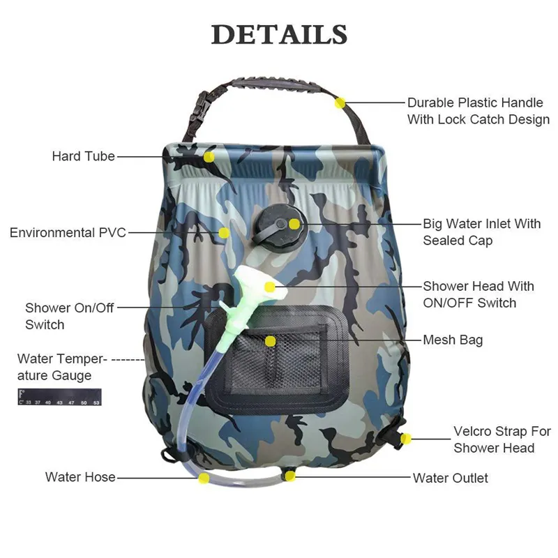 Upgrade Durable Portable Camping Beach Swimming Outdoor Traveling Camping Accessories 20L Camping Shower Bag