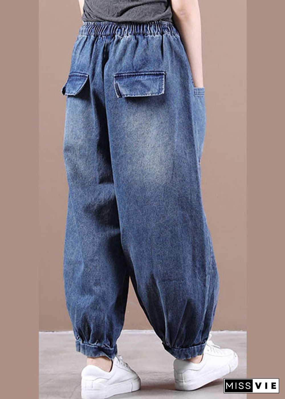 Fashion Denim Blue Elastic Waist Pockets Patchwork Cotton Harem Pants Fall