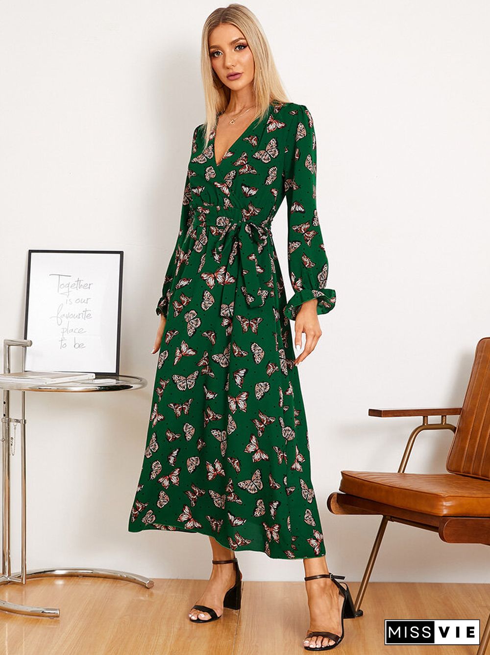 Butterfly Print Belt Long Sleeve V-neck Maxi Dress