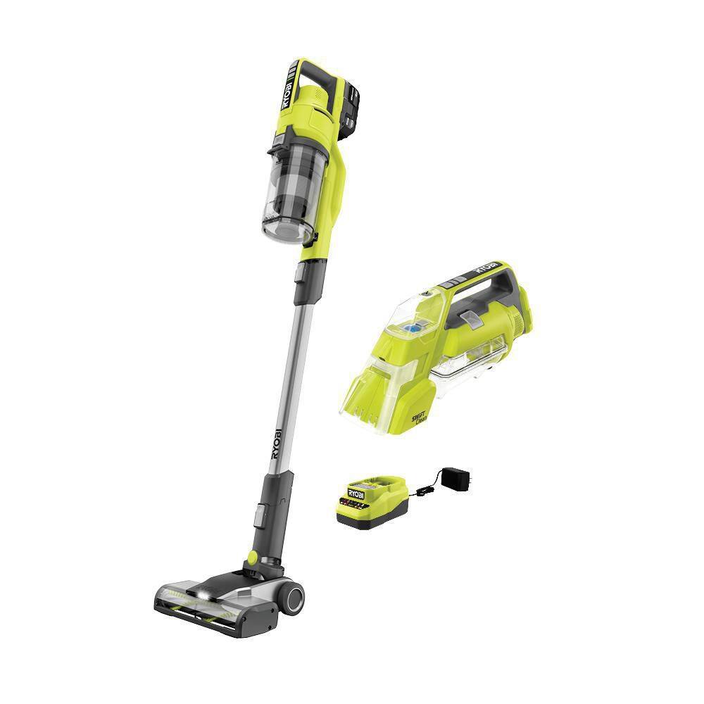 RYOBI ONE+ 18V Cordless Stick Vacuum Cleaner Kit w 4.0 Ah Battery Charger  ONE+ Cordless SWIFTClean Spot Cleaner PCL720K-PCL756B