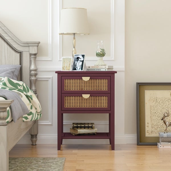 Wooden End Table with 2 Drawers Made Of Rattan