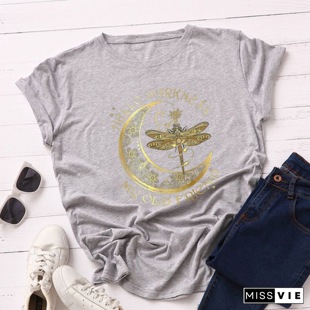 Women Summer T Shirts Plus Size Moon Dragonfly Letter Print Fashion Female Casual Streetwear Ladies Graphic Tee Tops