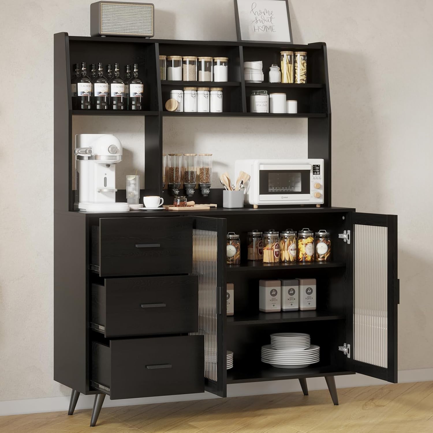 Freestanding Kitchen Sideboard, Kitchen Pantry Cabinet with Microwave Shelf, with Glass Door and 3 Drawers