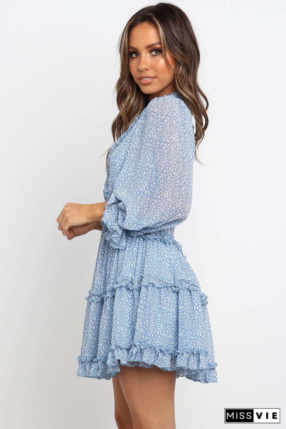 Sky Blue Ruffle Detailing Open Back Floral Dress